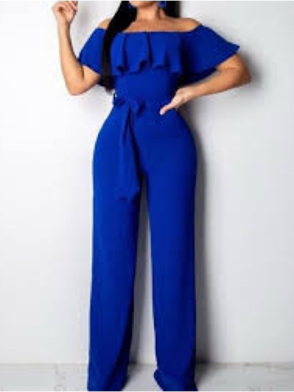 Silverbloom Cobalt Blue Ruffle Wide Leg Jumpsuit Tie Waist Size 12 Wedding Guest